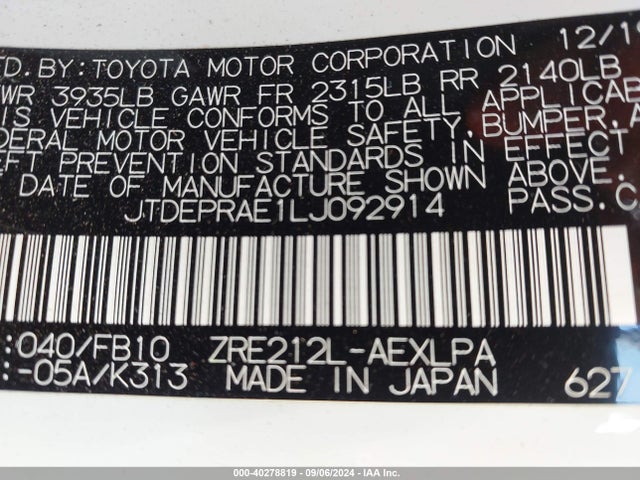 Toyota COROLLA LE 2020 JTDEPRAE1LJ092914 Image 9
