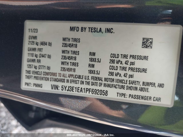 Tesla Model 3 Rear-wheel Drive 2023 5YJ3E1EA1PF692058 Image 9