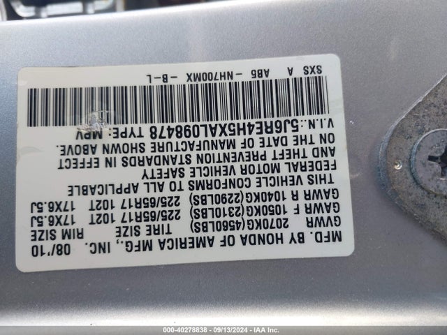 Продаж на аукціоні авто 2010 Honda Cr-v Ex, vin: 5J6RE4H5XAL098478, номер лоту: 40278838