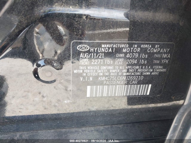 KMHC75LC6NU269210 Hyundai Ioniq Hybrid Se