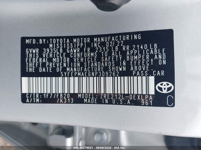 Toyota COROLLA LE 2022 5YFEPMAE6NP309262 Image 9