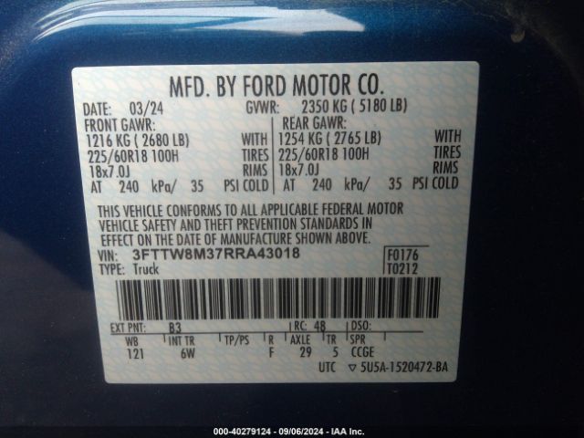 3FTTW8M37RRA43018 Ford Maverick Lariat