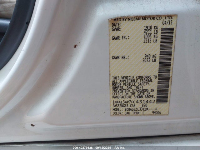 Nissan Altima 2.5 S 2015 1N4AL3AP7FC431442 Image 9