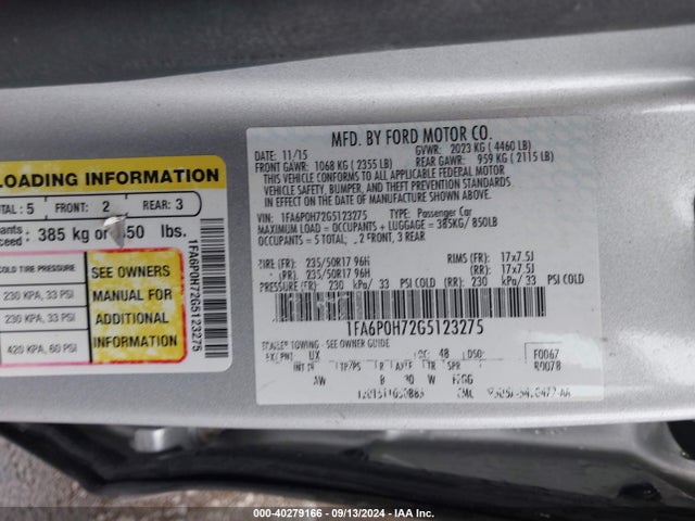 Ford FUSION SE 2016 1FA6P0H72G5123275 Image 9
