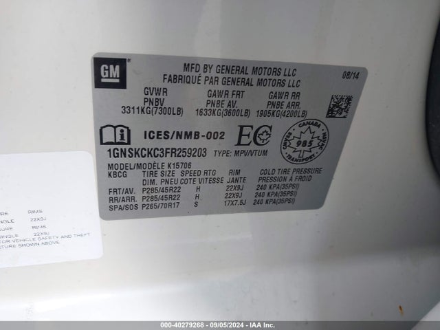 1GNSKCKC3FR259203 Chevrolet Tahoe Ltz
