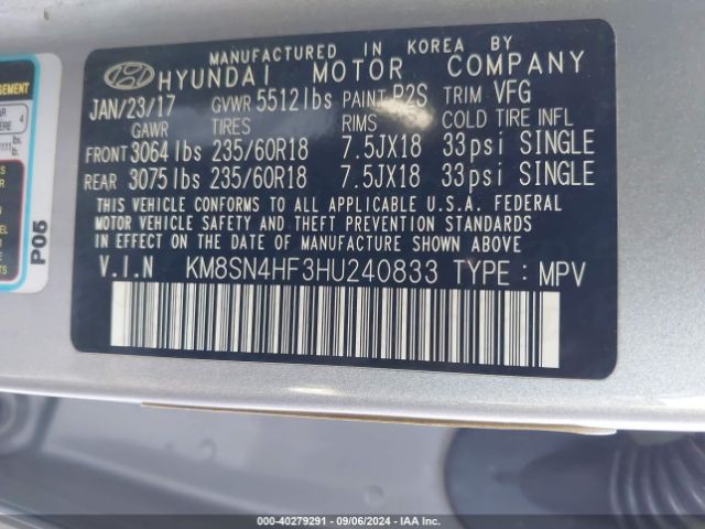 KM8SN4HF3HU240833 Hyundai Santa Fe Limited