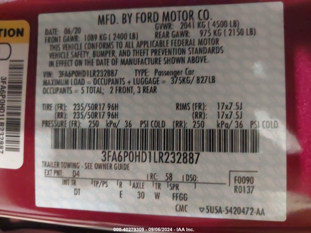 Ford FUSION SE 2020 3FA6P0HD1LR232887 Image 9