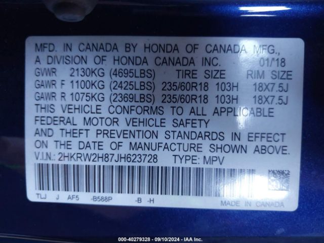2HKRW2H87JH623728 Honda Cr-v Ex-l/ex-l Navi