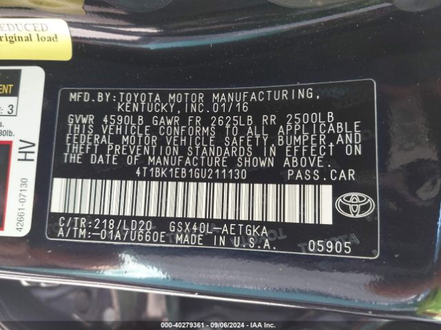4T1BK1EB1GU211130 Toyota AVALON XLE