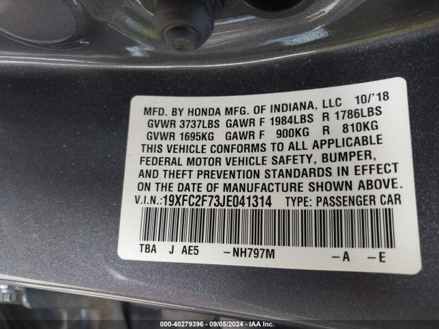 Honda CIVIC EX 2018 19XFC2F73JE041314 Image 9
