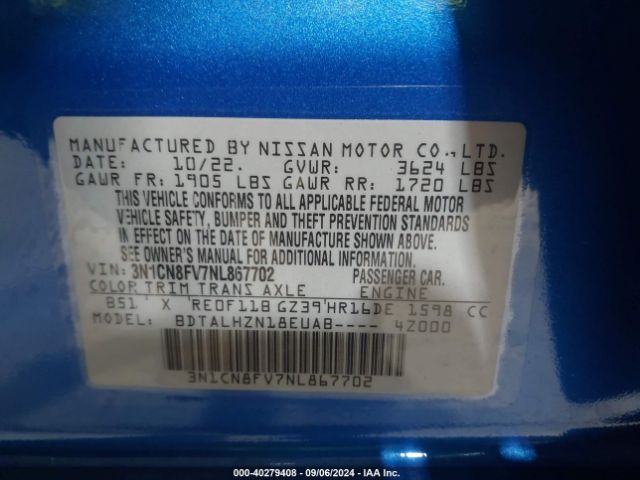 3N1CN8FV7NL867702 Nissan Versa 1.6 Sr Xtronic Cvt