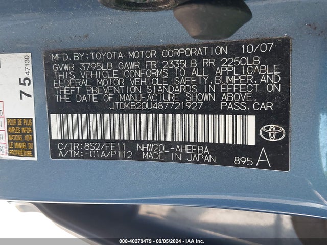 Продажа на аукционе авто 2008 Toyota Prius, vin: JTDKB20U487721927, номер лота: 40279479