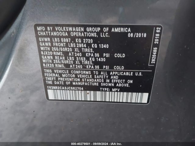 1V2NR2CA3JC582704 Volkswagen Atlas 3.6l V6 Sel Premium