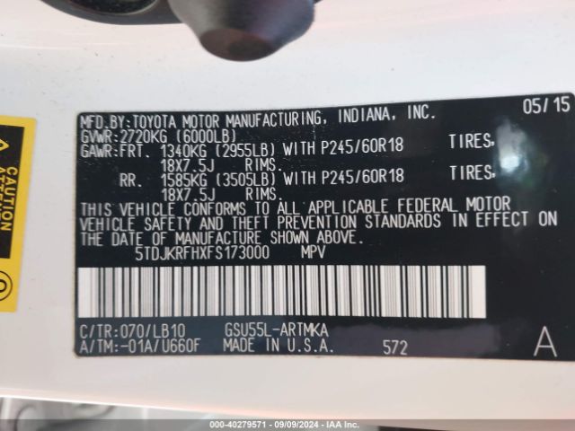5TDJKRFHXFS173000 Toyota Highlander Xle V6