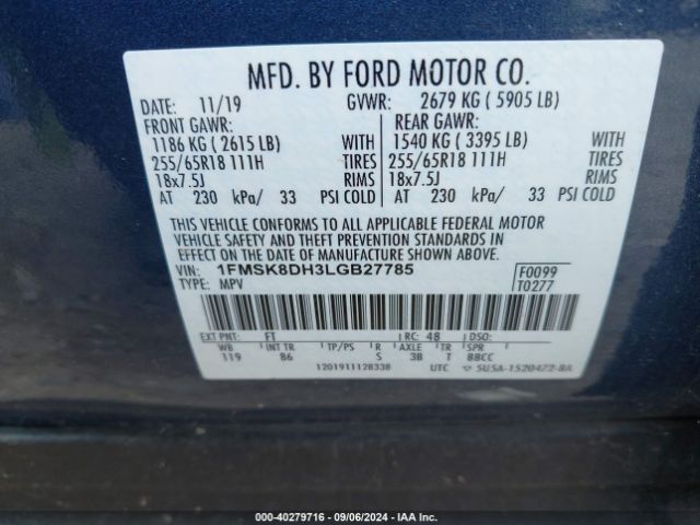 1FMSK8DH3LGB27785 Ford EXPLORER XLT
