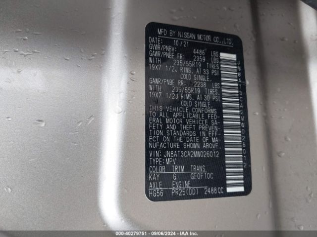 JN8AT3CA2MW026012 Nissan Rogue Sl Fwd