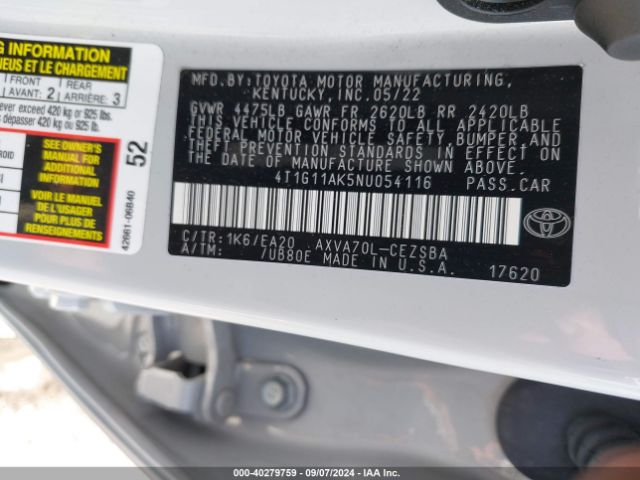 2022 TOYOTA CAMRY 4T1G11AK5NU054116 Photo 8