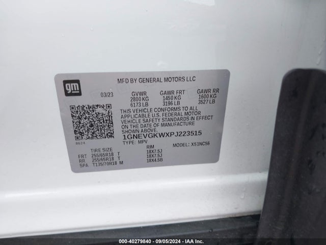 2023 Chevrolet Traverse Awd Lt Cloth მანქანა იყიდება აუქციონზე, vin: 1GNEVGKWXPJ223515, აუქციონის ნომერი: 40279840