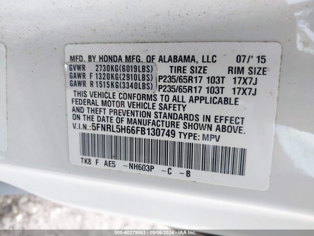 Honda Odyssey Ex-l 2015 5FNRL5H66FB130749 Image 9