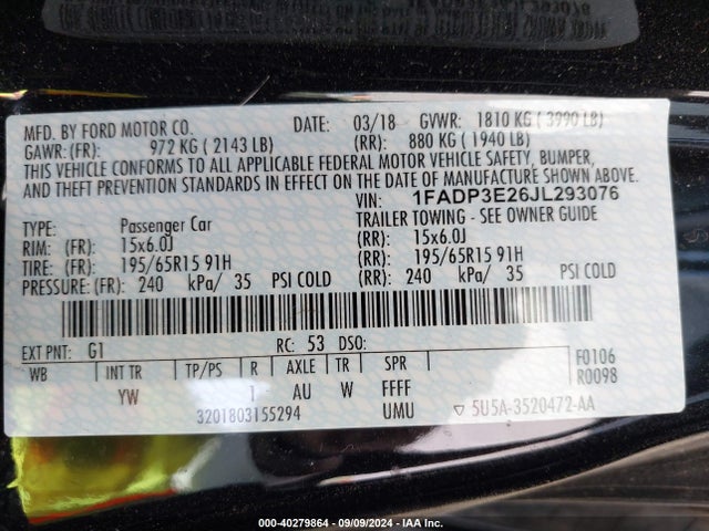 Ford FOCUS S 2018 1FADP3E26JL293076 Image 9