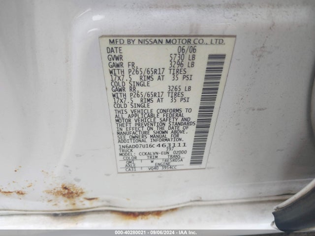Auction sale of the 2006 Nissan Frontier Le, vin: 1N6AD07U16C463111, lot number: 40280021