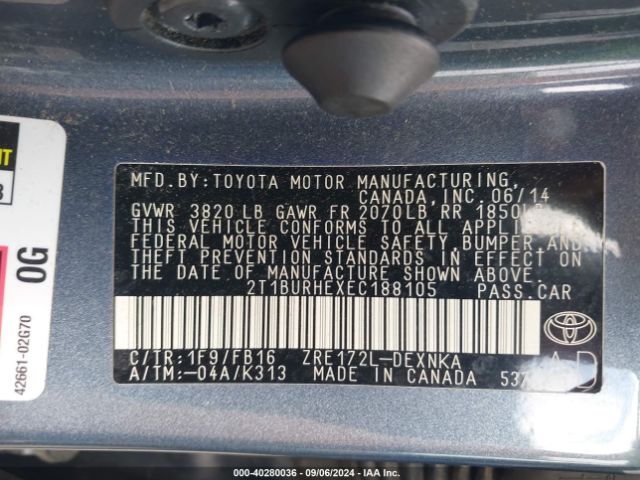 2T1BURHEXEC188105 Toyota COROLLA LE