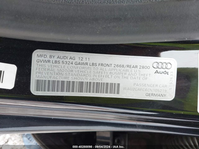 Aukcja sprzedaży 2012 Audi A7 Premium, vin: WAU2GAFC4CN105219, numer aukcji: 40280098