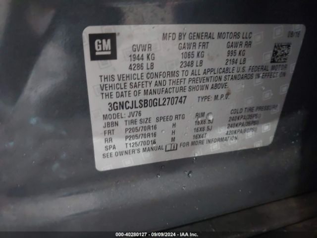 3GNCJLSB0GL270747 Chevrolet Trax Lt