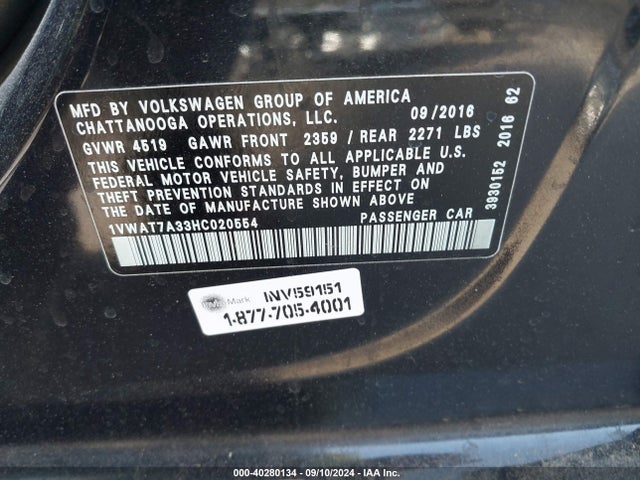 1VWAT7A33HC020554 Volkswagen Passat 1.8t S