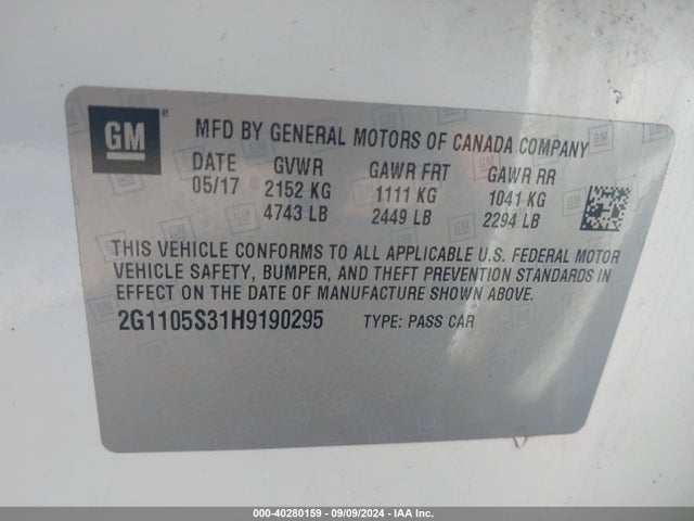 Chevrolet IMPALA 1LT 2017 2G1105S31H9190295 Image 9