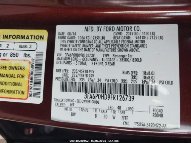 3FA6P0HD9FR126739 Ford FUSION SE