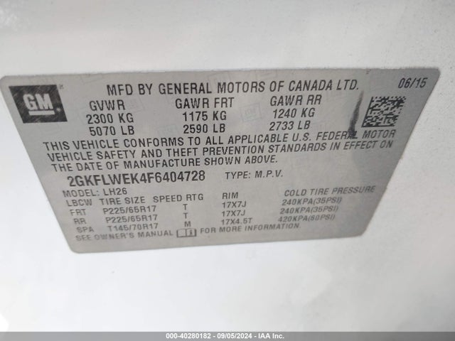 GMC Terrain Sle-2 2015 2GKFLWEK4F6404728 Image 9