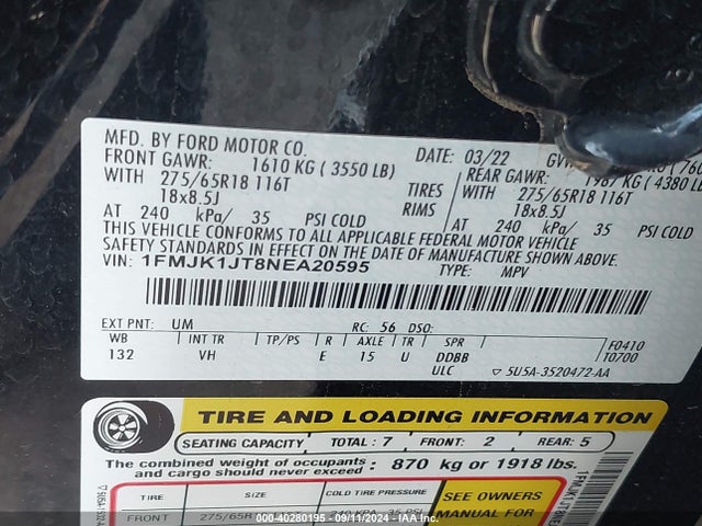 Ford Expedition Xlt Max 2022 1FMJK1JT8NEA20595 Image 9