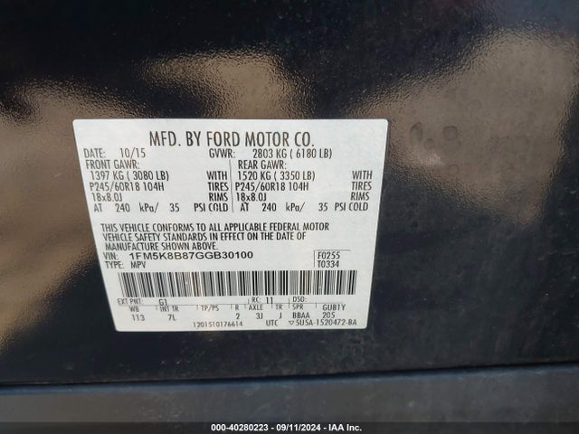 Ford Explorer 2016 1FM5K8B87GGB30100 Image 9