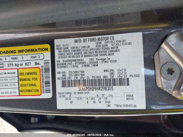 Ford FUSION SE 2017 3FA6P0HD9HR298305 Image 9