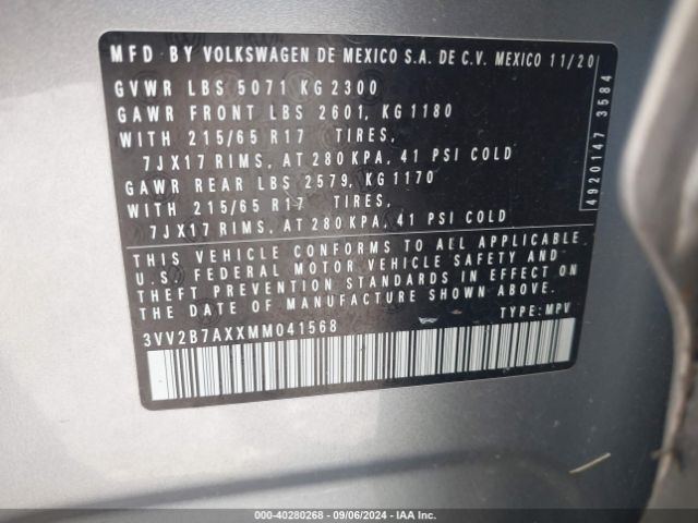 3VV2B7AXXMM041568 Volkswagen Tiguan 2.0t Se/2.0t Se R-line Black/2.0t Sel
