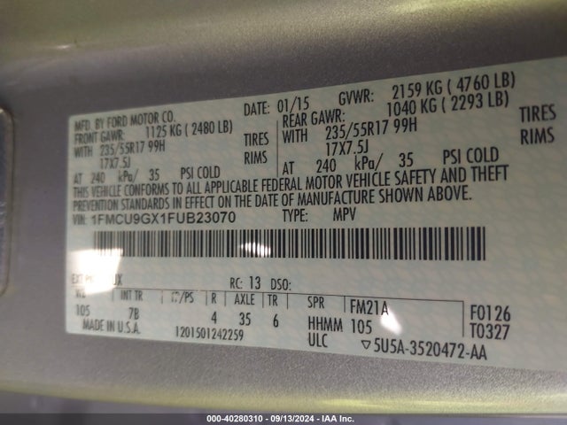 Ford ESCAPE SE 2015 1FMCU9GX1FUB23070 Image 9