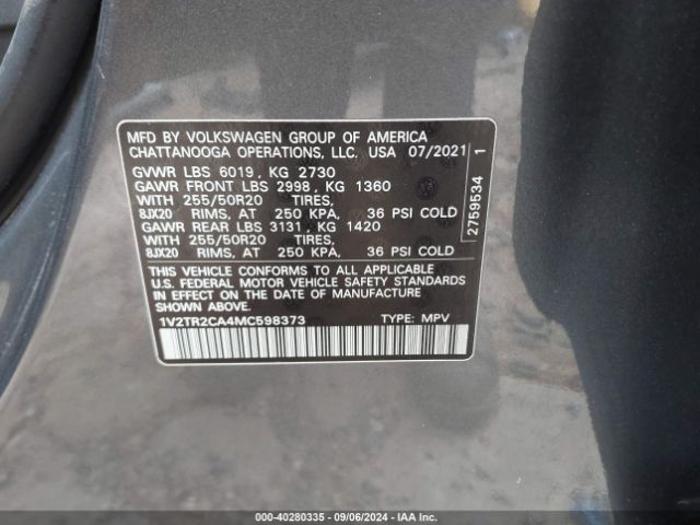 1V2TR2CA4MC598373 Volkswagen Atlas 3.6l V6 Sel Premium