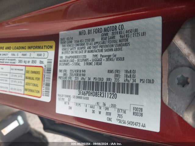 Ford FUSION SE 2014 3FA6P0HD8ER311220 Image 9