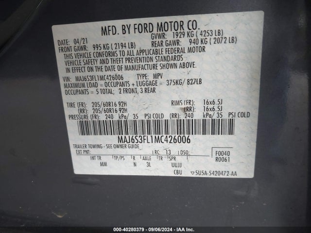 MAJ6S3FL1MC426006 Ford ECOSPORT S