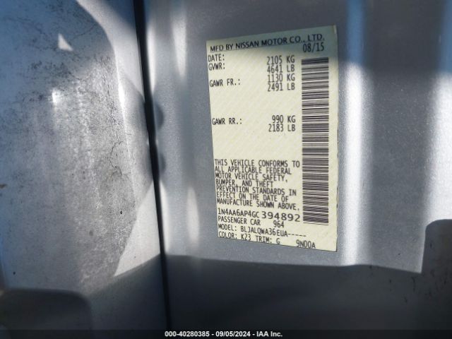 1N4AA6AP4GC394892 Nissan Maxima 3.5 Platinum/3.5 S/3.5 Sl/3.5 Sr/3.5 Sv