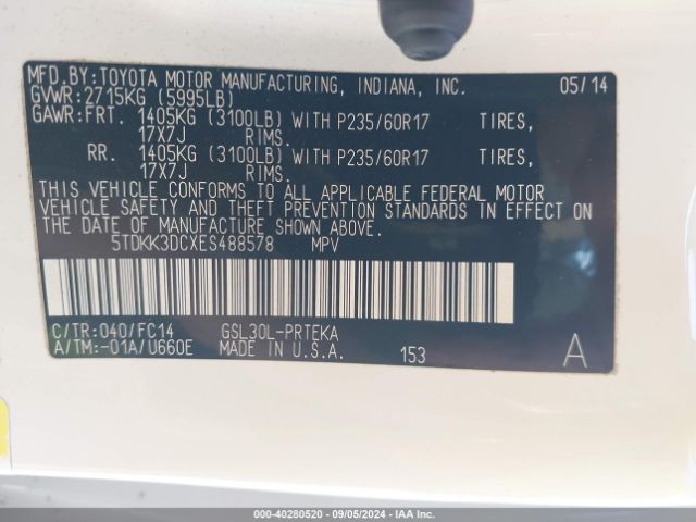 5TDKK3DCXES488578 Toyota Sienna Le V6 8 Passenger