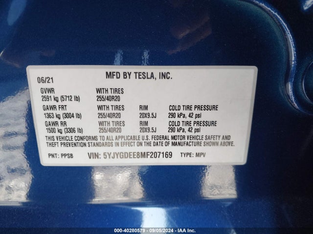 2021 TESLA MODEL Y 5YJYGDEE8MF207169 Photo 8