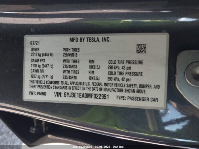 5YJ3E1EA0MF022951 Tesla Model 3 Standard Range Plus Rear-wheel Drive