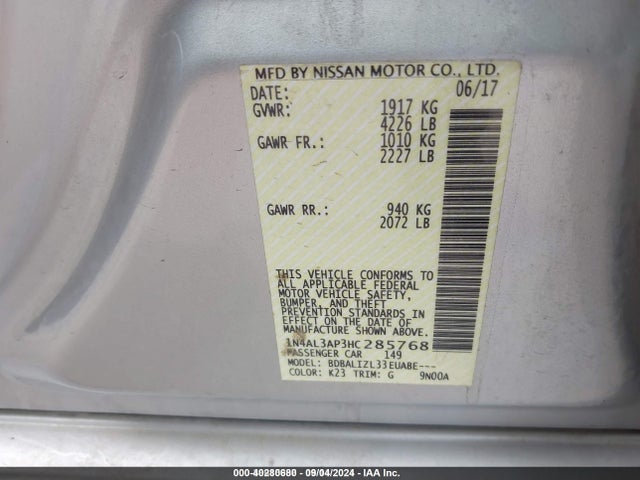 Продаж на аукціоні авто 2017 Nissan Altima 2.5 Sv, vin: 1N4AL3AP3HC285768, номер лоту: 40280680