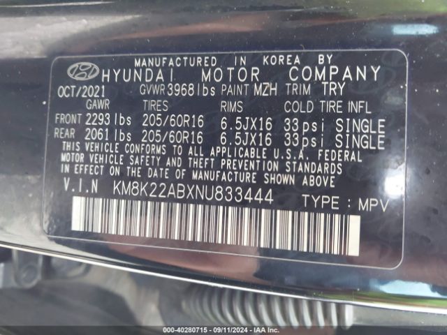 KM8K22ABXNU833444 Hyundai Kona Se