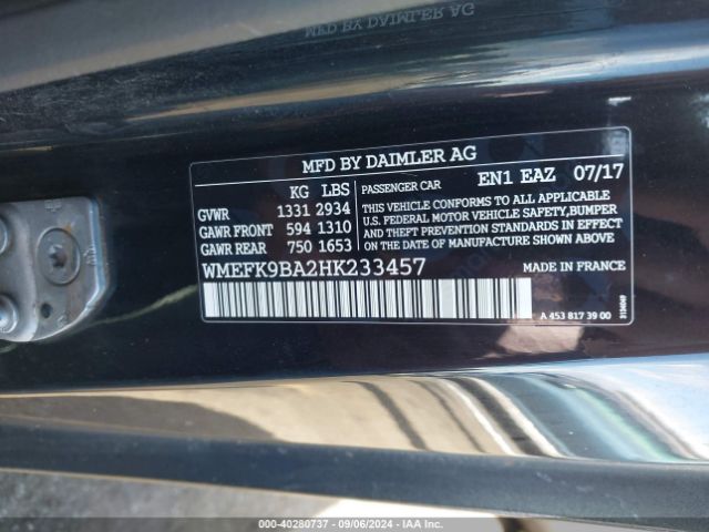 WMEFK9BA2HK233457 Smart Fortwo Electric Drive Passion/prime