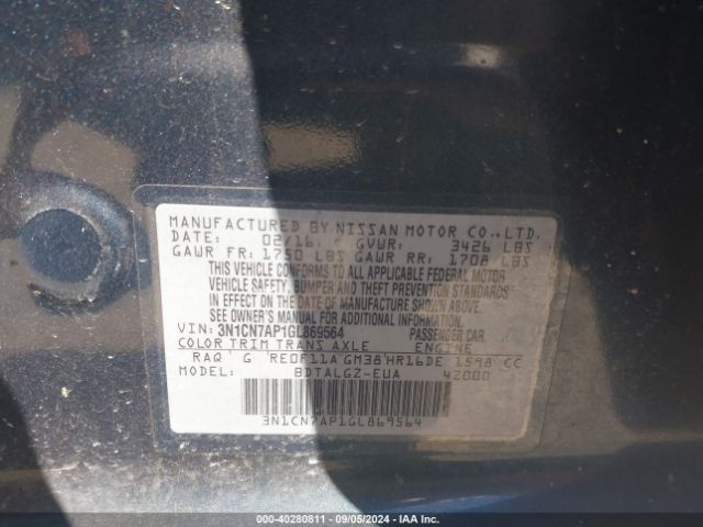 3N1CN7AP1GL869564 Nissan Versa 1.6 Sl