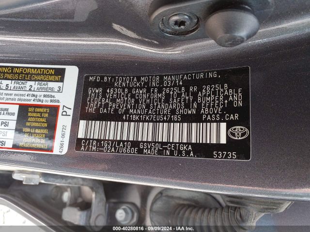4T1BK1FK7EU547165 Toyota Camry Xle V6