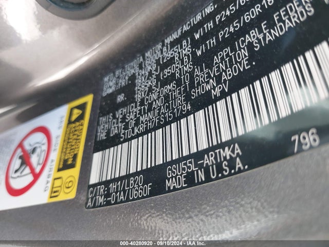 Toyota Highlander Xle V6 2015 5TDJKRFH7FS151794 Image 9